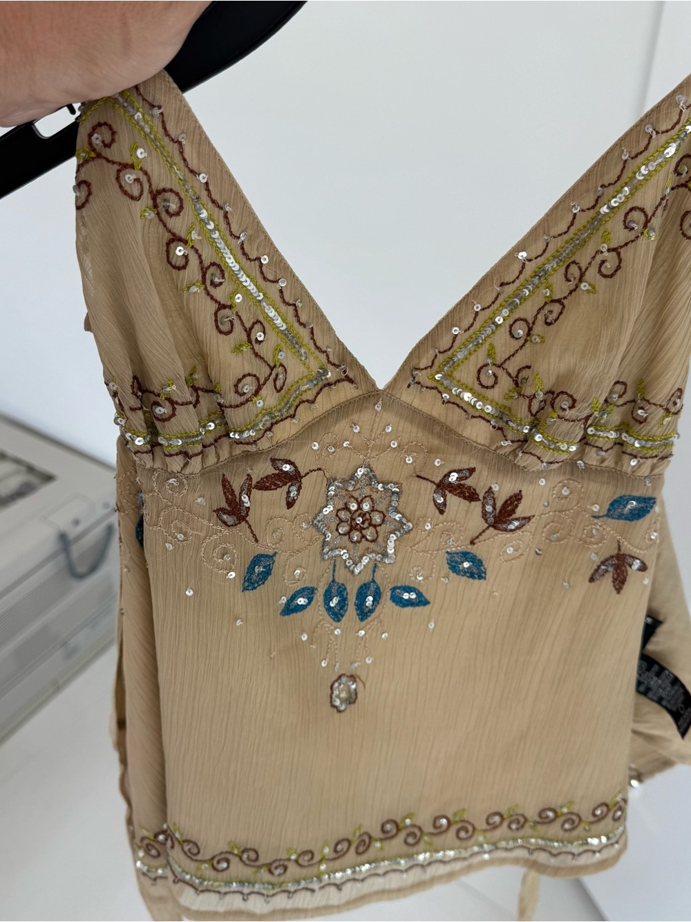 Embroidered Beige Spaghetti Strap Cami Top - Picture 3 of 4